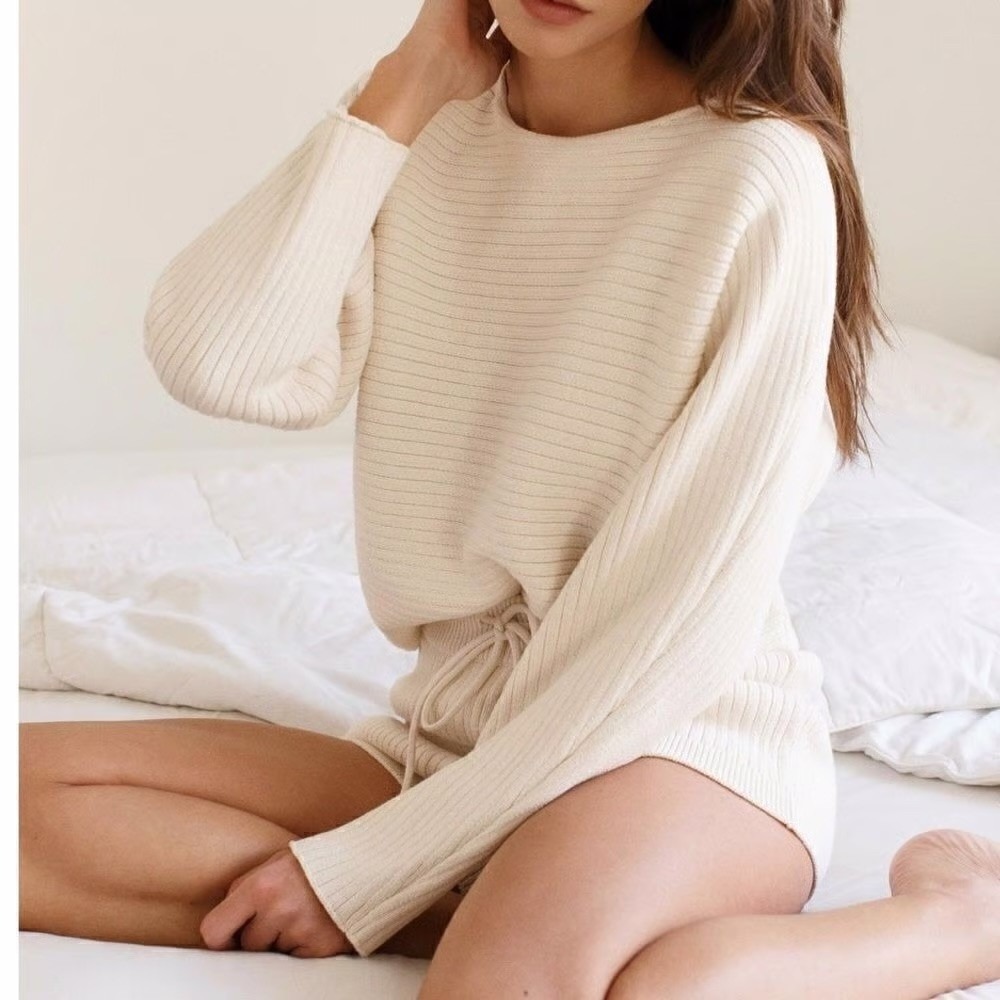Reformation Ribbed Crop Sweater M 100% Organic Cotton Cream Long Sleeve